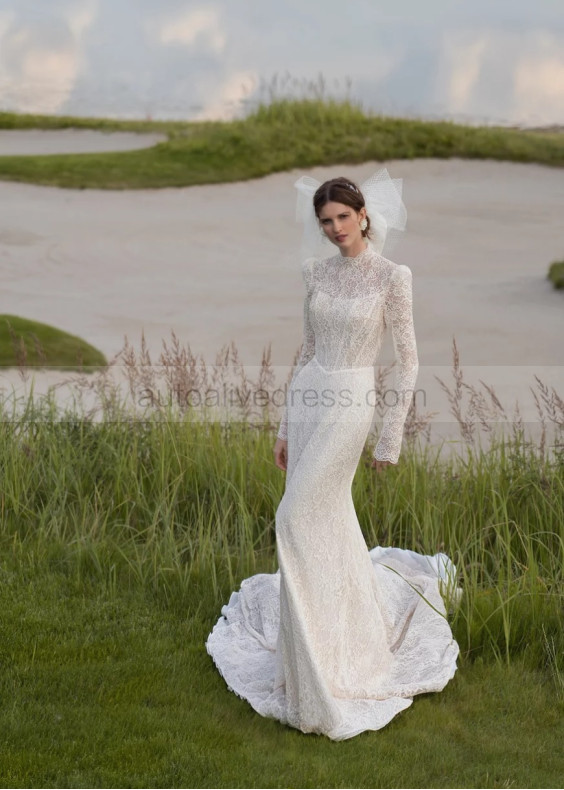 Long Sleeves Ivory Allover Lace Keyhole Back Wedding Dress